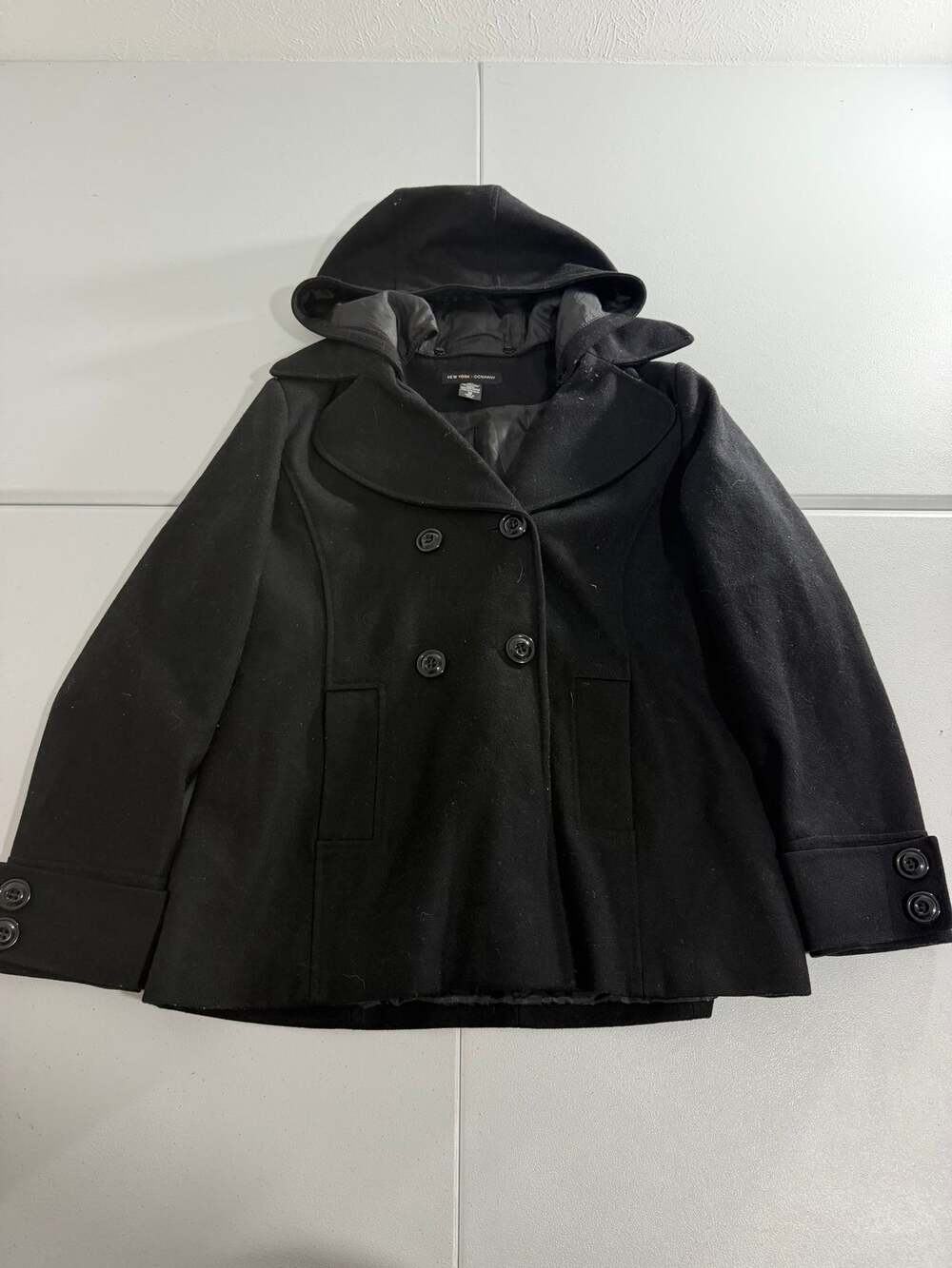 New York & Company Womens Hooded Pea Coat 18 Black Wool Blend Double Breasted